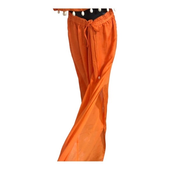 Orange 2 piece sheer cowrie shell adorned crop top and split leg pants beach set - Picture 12 of 17